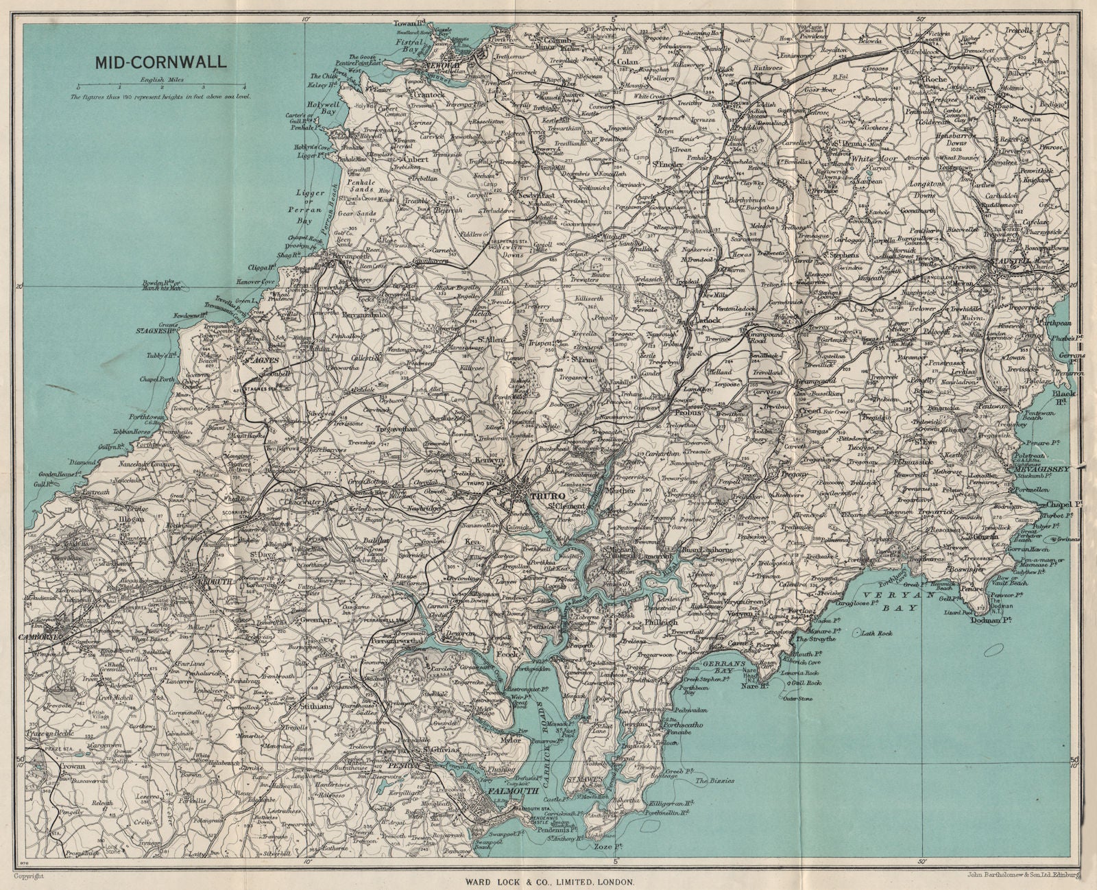MID-CORNWALL. Truro Falmouth St Austell Mevagissey Newquay. WARD LOCK c1955 map
